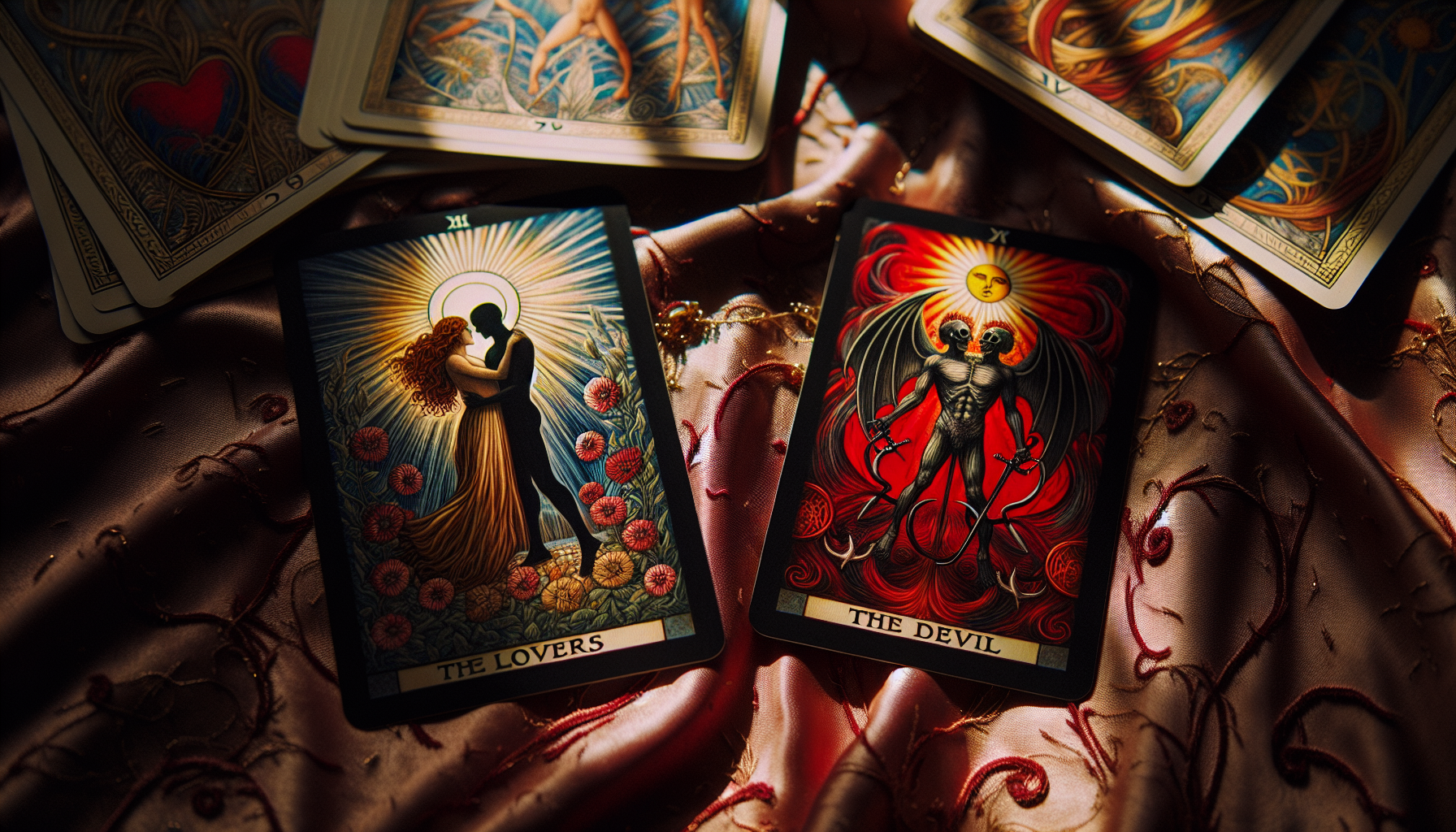Artistic depiction of tarot cards representing twin flames and soulmates