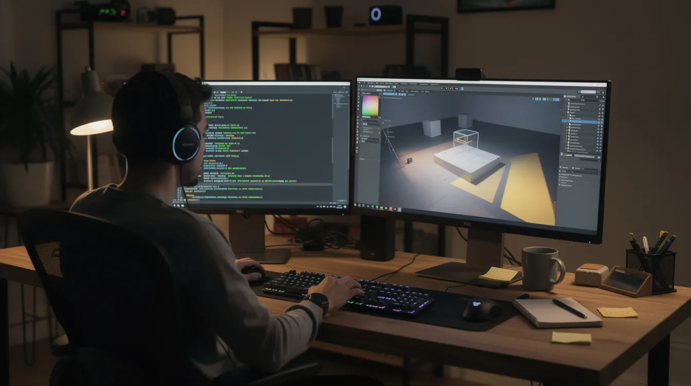 A solo developer sits at a desk with dual monitors, one displaying code in a terminal and the other showing a game engine editor, illustrating a focused workflow on a coding project. The setup suggests the use of tools like VS Code and Codex for automating tasks and managing the codebase efficiently.