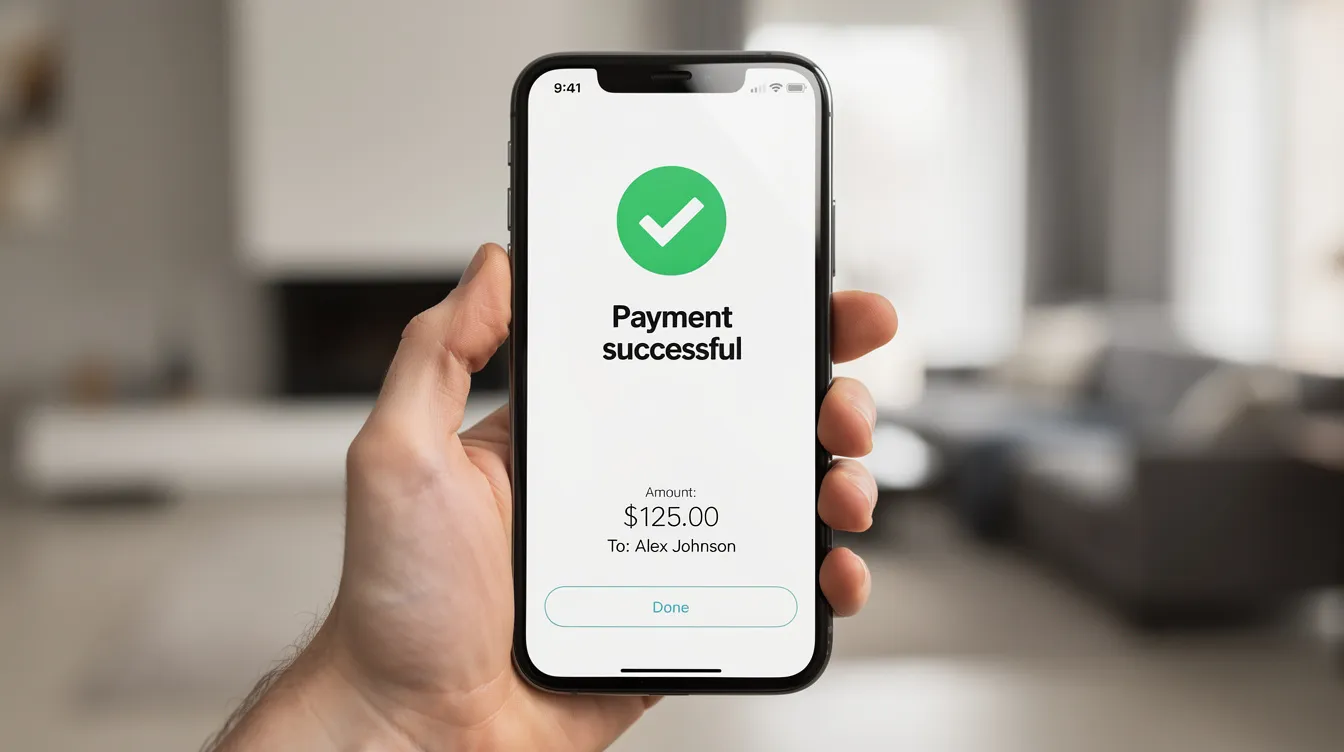 A person is holding a smartphone that displays a mobile banking app with a payment confirmation on the screen, indicating a successful transaction from their bank account. This image reflects the importance of digital finance in the modern financial world, highlighting the convenience of paying money through mobile applications.
