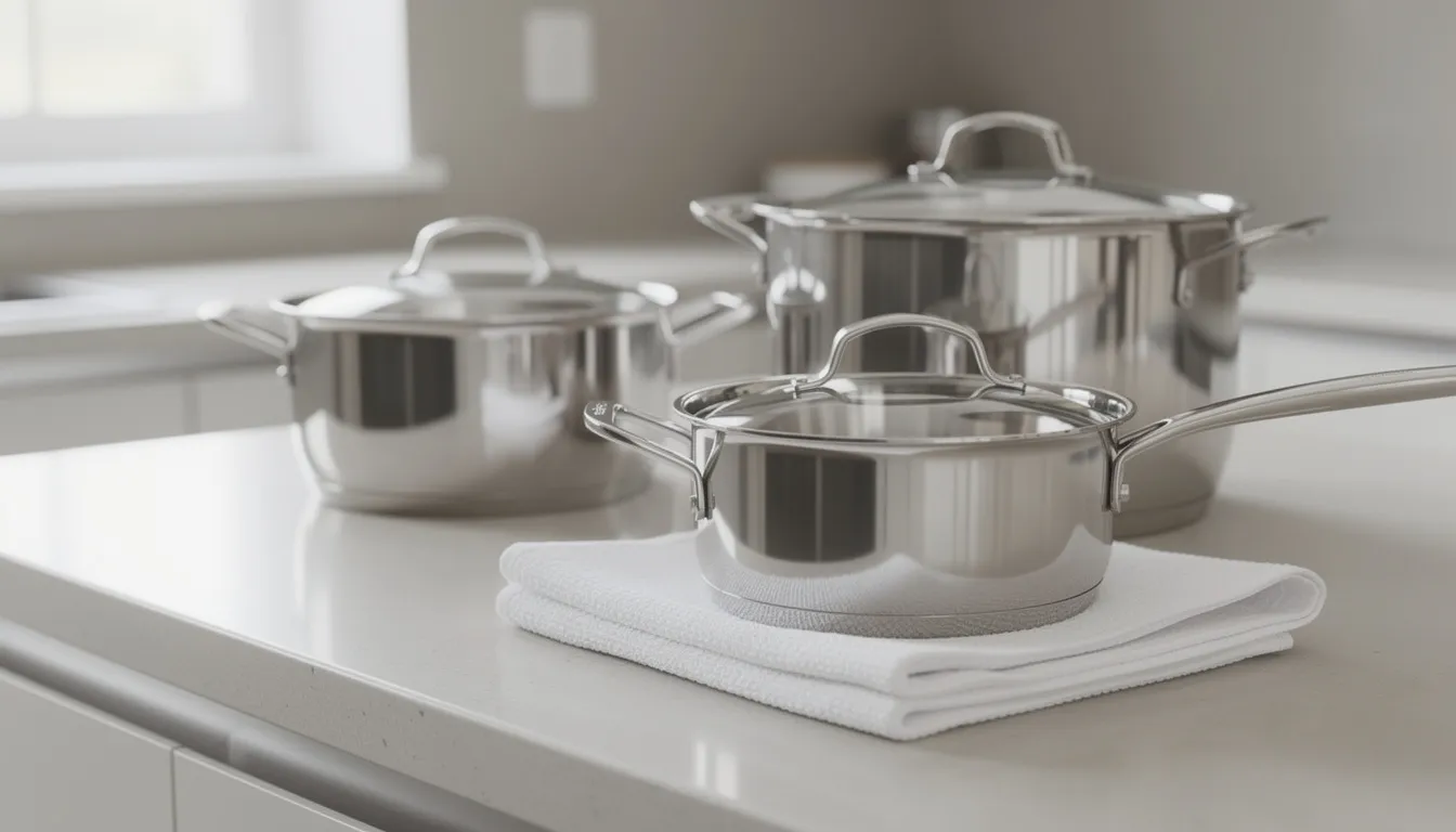 En la imagen se pueden ver ollas de acero inoxidable limpias dispuestas ordenadamente sobre una encimera, acompañadas de paños blancos, creando un ambiente adecuado para la preparación de alimentos kosher. Este espacio refleja la importancia de la limpieza y el orden en la cocina, especialmente en la práctica de la dieta judía.
