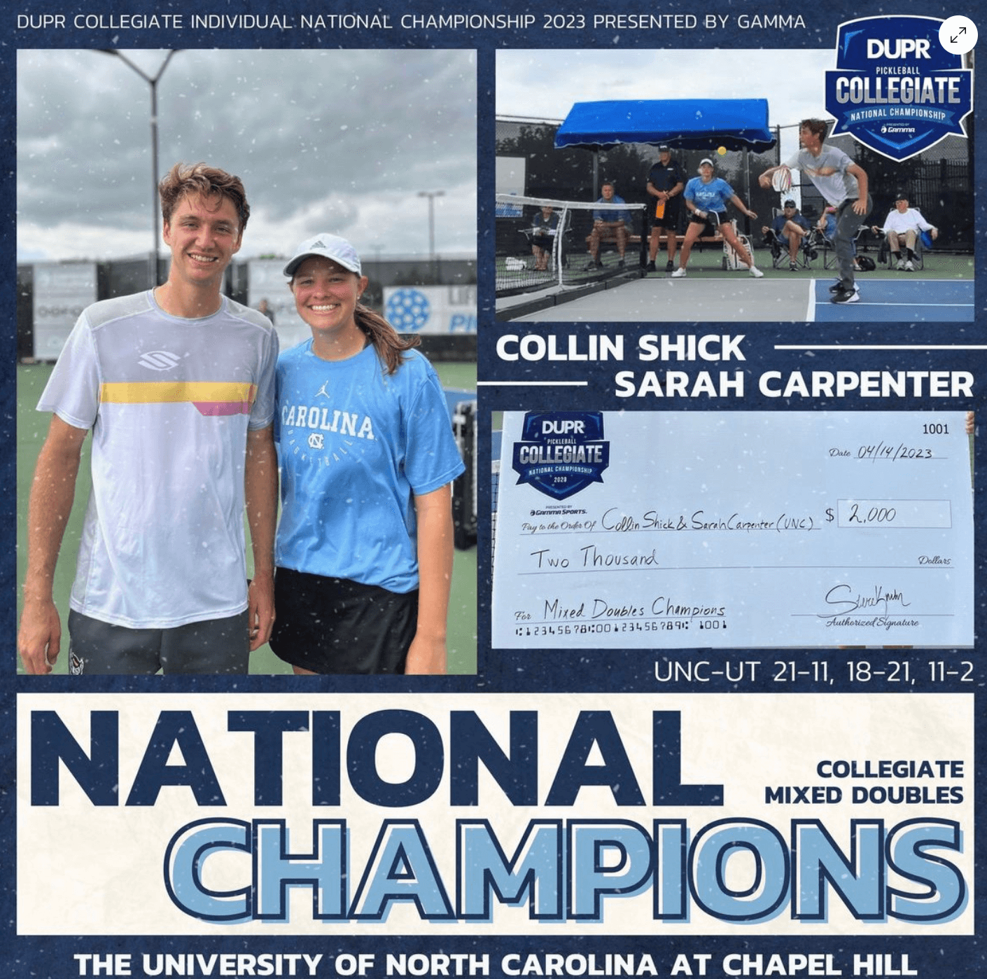 Doubles partners; DUPR; Championship Match; Ratings system DUPR holds collegiate events; Collin Shick and Sarah Carpenter win