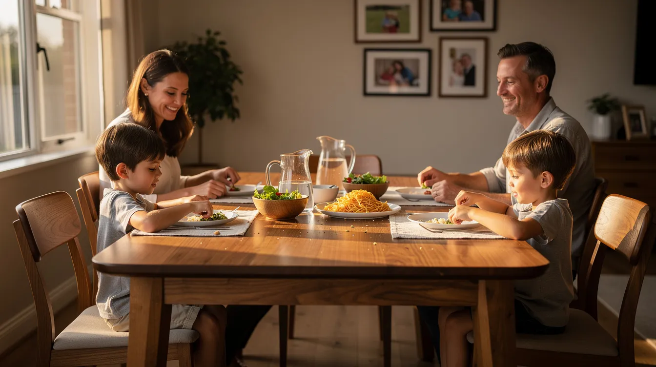 A family dining scene is depicted with children gathered around a sturdy timber dining table featuring rounded edges, creating a warm and inviting atmosphere in the dining room. The space is filled with natural light, enhancing the comfort and style of the dining furniture as loved ones share moments together.