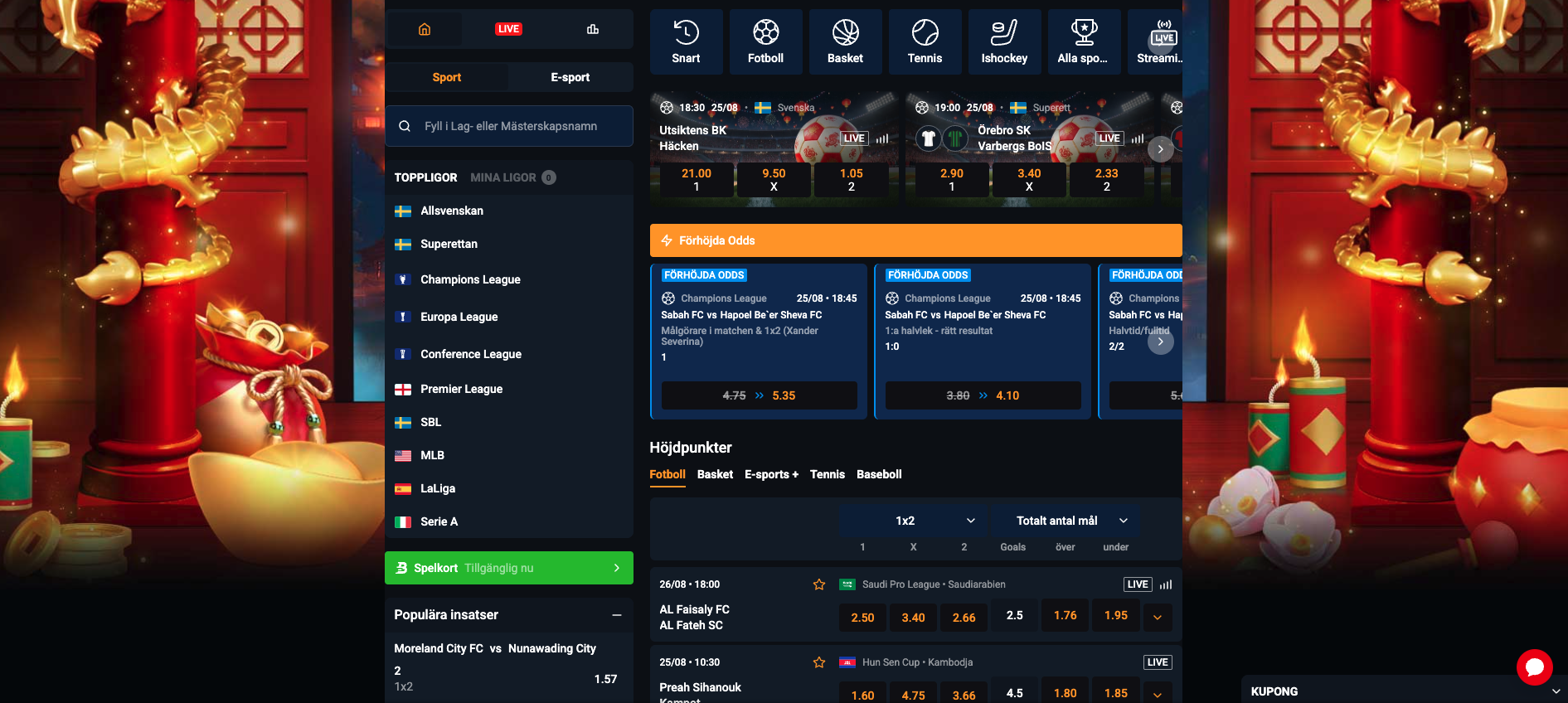 Mega Fortune Sport med live betting, förhöjda odds och stort utbud av sport