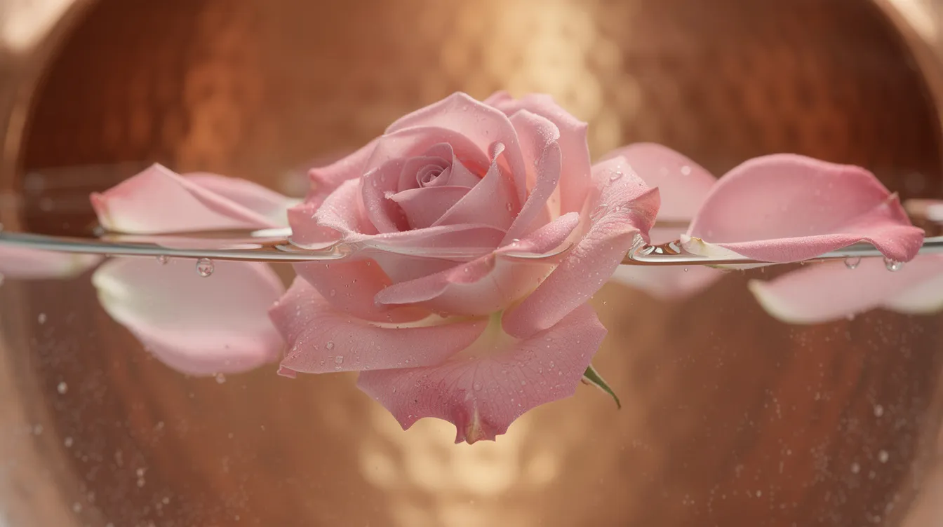 A close-up view showcases fresh pink rose petals gently floating in clear water within a copper distillation vessel, highlighting the soothing properties and skin benefits of rose water. This serene scene evokes the calming fragrance associated with skincare routines that promote hydrated skin and support overall well-being.