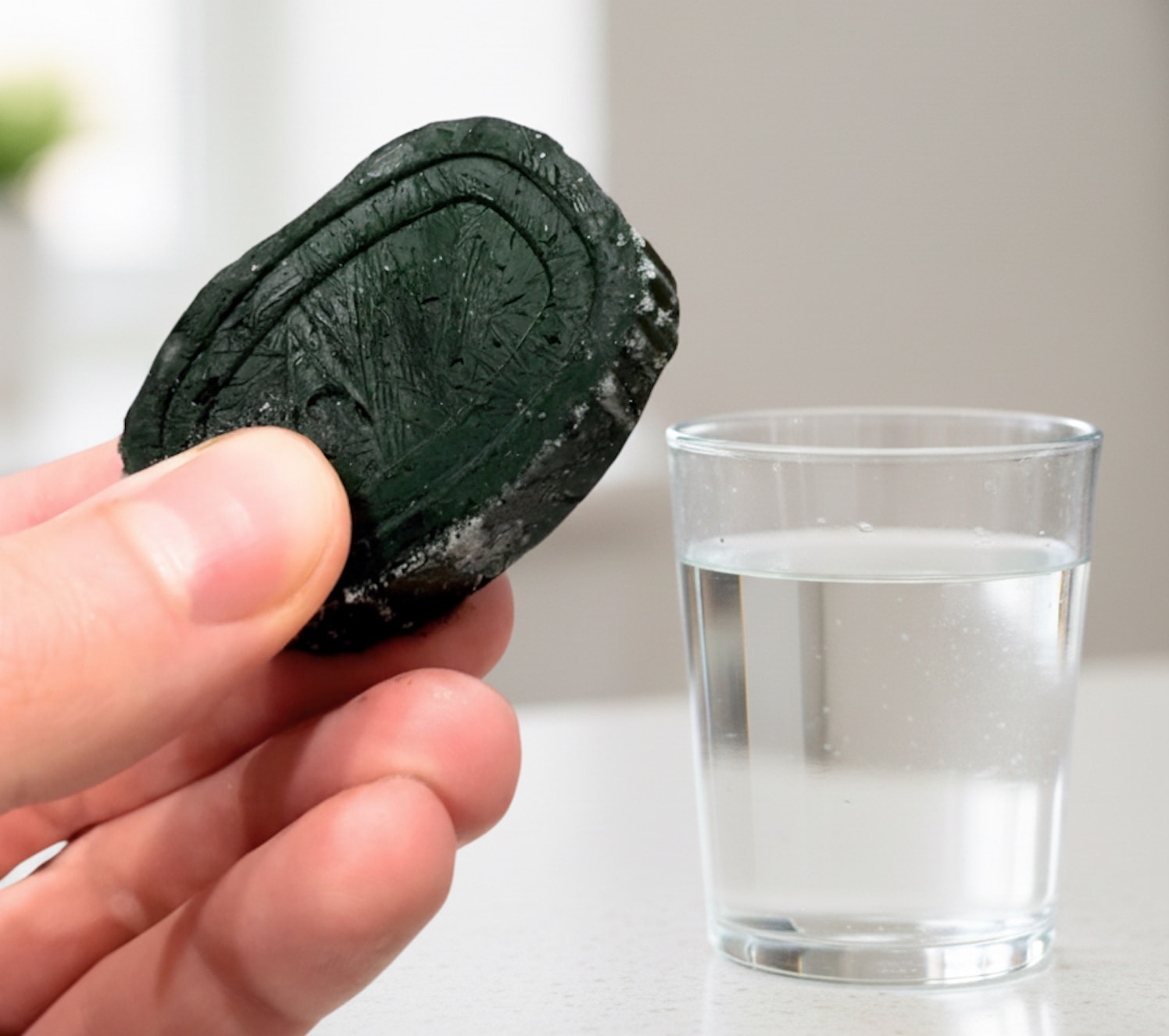 Fresh Frozen Spirulina Pod next to a Glass of Water