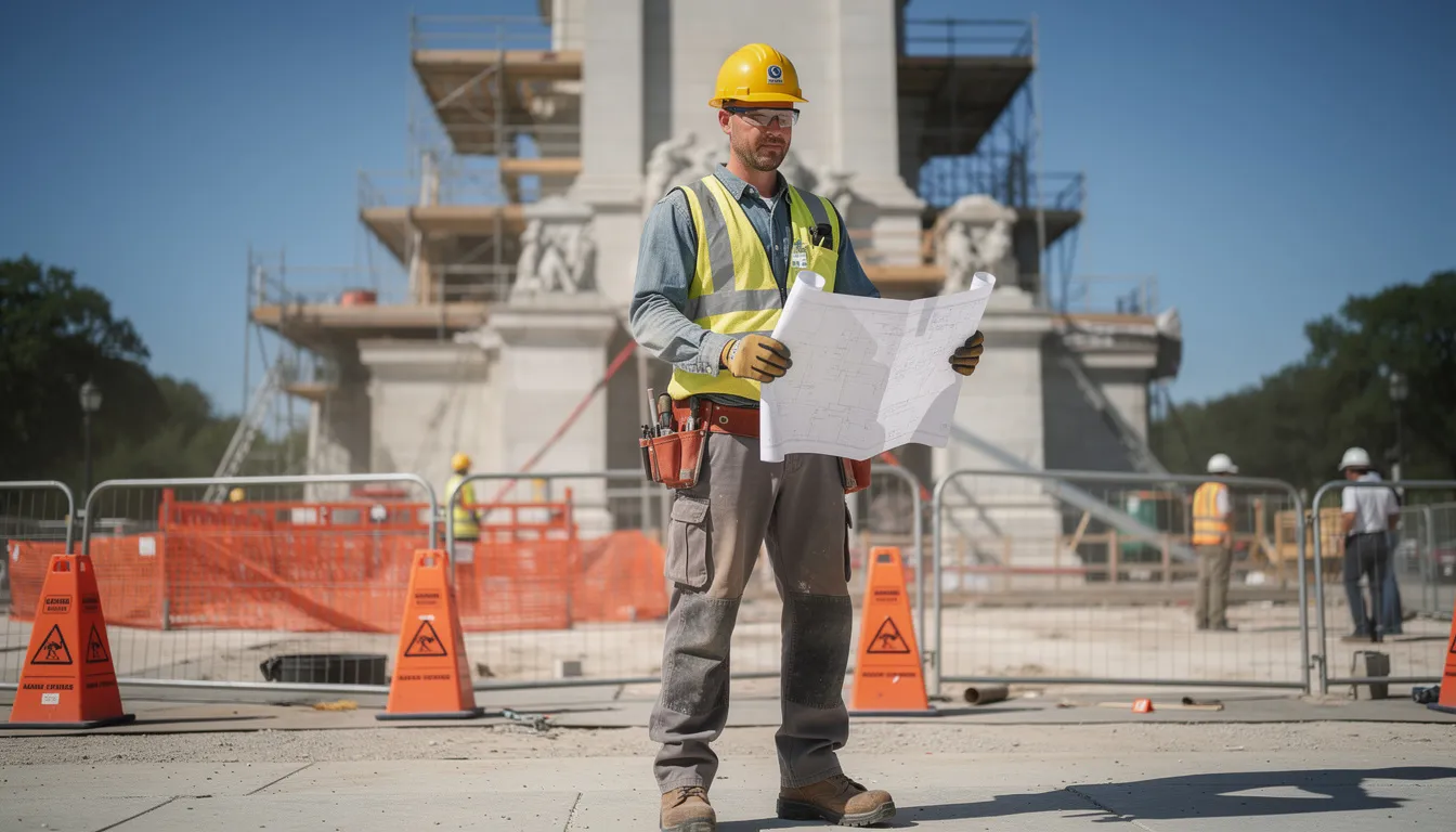 A construction worker wearing a hard hat, safety goggles, and reflective vest stands at a job site in a Monument area, ensuring safety while performing job duties. This image highlights the importance of workplace safety and the potential need for workers compensation benefits in case of work-related injuries.