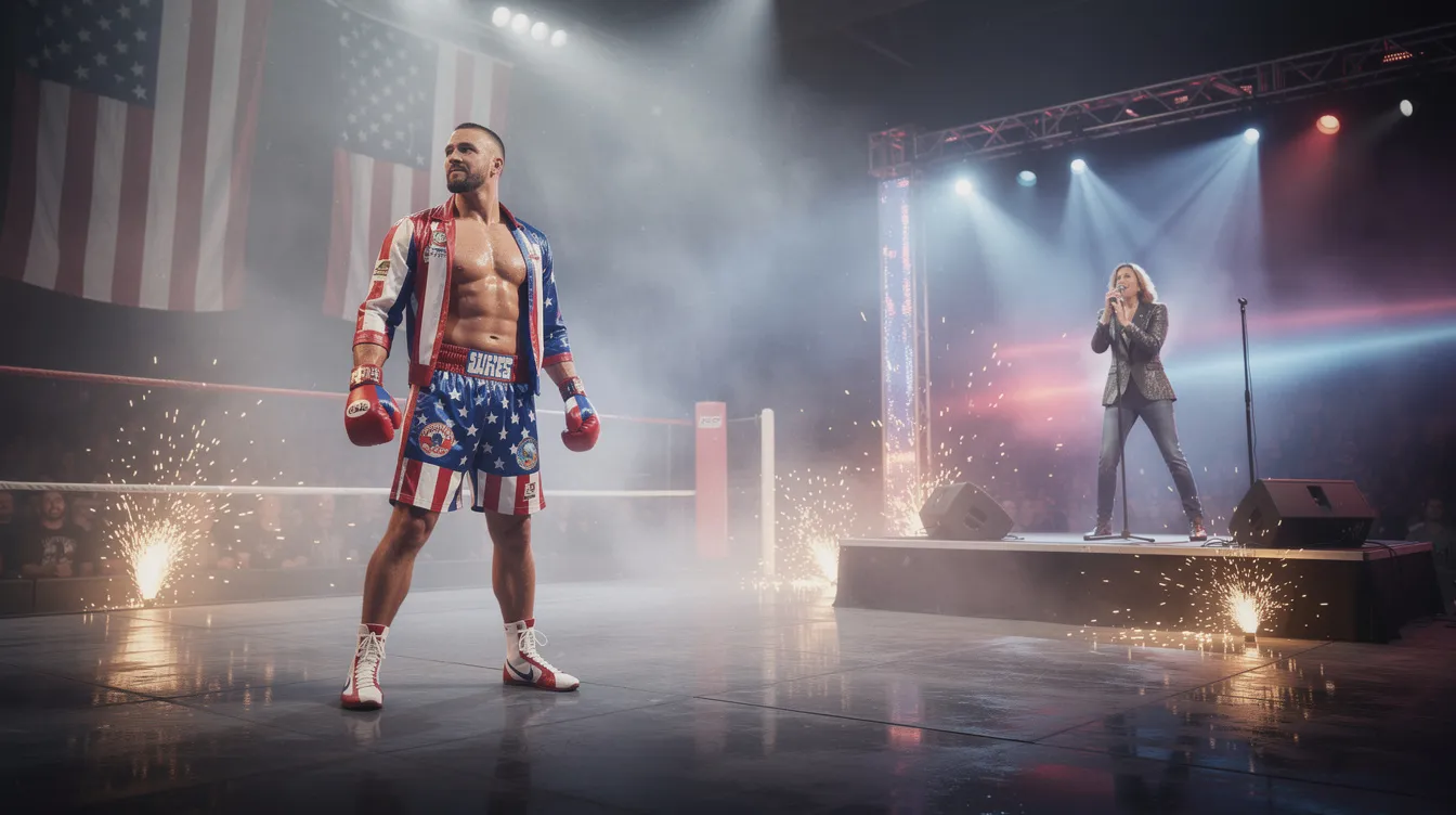 Ein Boxer in einem patriotischen Outfit steht in einem nebelverhangenen Boxring, umgeben von amerikanischen Flaggen, während ein Sänger nebenan auf einer Bühne performt. Die grellen Scheinwerfer und die Pyrotechnik verleihen der Szene eine dramatische Atmosphäre, die an die spannenden Kämpfe von Rocky Balboa erinnert.