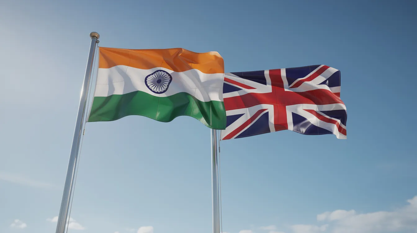 The image features the Indian and British flags waving side by side against a clear blue sky, symbolizing the connection between Indian citizens and the United Kingdom. This visual representation highlights themes of UK citizenship, immigration laws, and the shared history of British India.