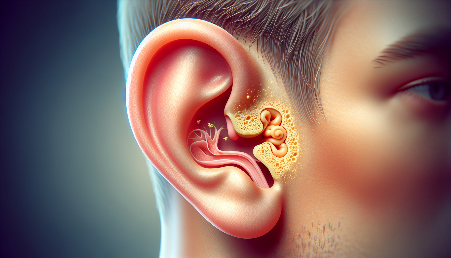 Illustration of Eustachian tube dysfunction and earwax buildup