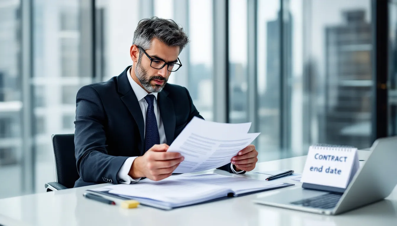 Not Renewing a Contract: Complete Guide for Employees and Employers 3 Een zakenpersoon zit aan een bureau en bekijkt contractdocumenten, terwijl een kalender met de einddatum van een tijdelijk contract zichtbaar is. De afbeelding benadrukt de noodzaak om te controleren of het contract niet wordt verlengd en de rechten van de werknemer bij beëindiging van het dienstverband.