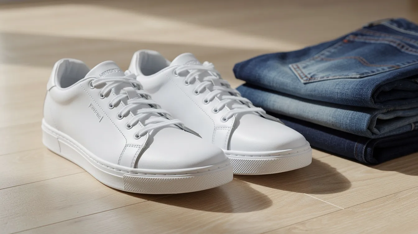 A pair of clean white leather sneakers with smooth surfaces and rubber soles rests on a light wooden floor next to neatly folded jeans, showcasing their classic design and stylish appeal for casual wear. These best white sneakers are perfect for a variety of outfits, from summer dresses to everyday jeans.