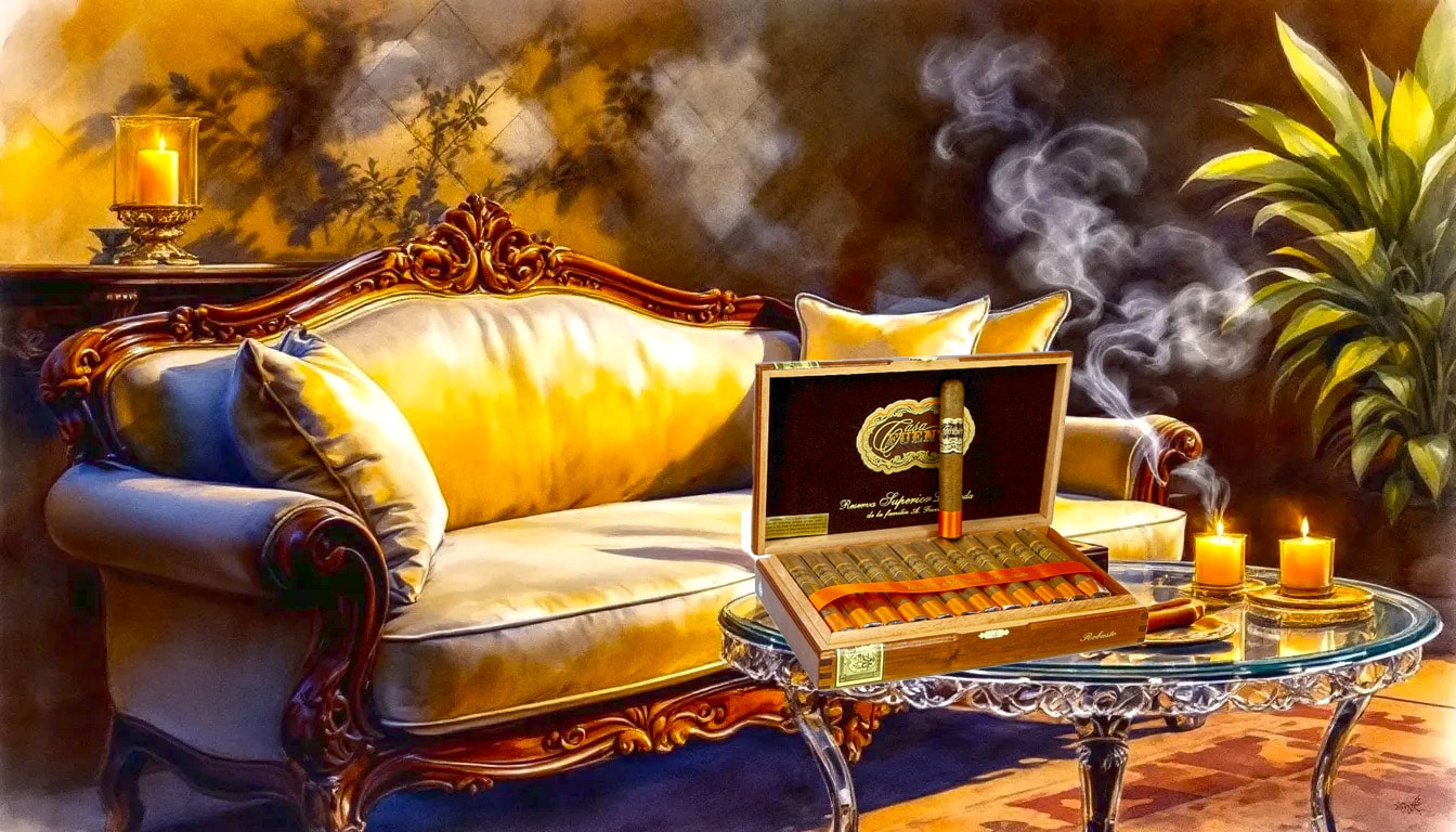 Arturo Fuente Casa Fuente Churchill cigars, ideal for long smoking sessions, presented in a lounge setting.