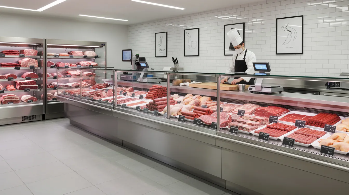 L'intérieur d'une boucherie charcuterie moderne est visible, avec des comptoirs en acier inoxydable et des vitrines réfrigérées affichant une sélection de viandes de qualité. L'espace est conçu pour répondre aux exigences des professionnels du secteur, alliant efficacité et hygiène.