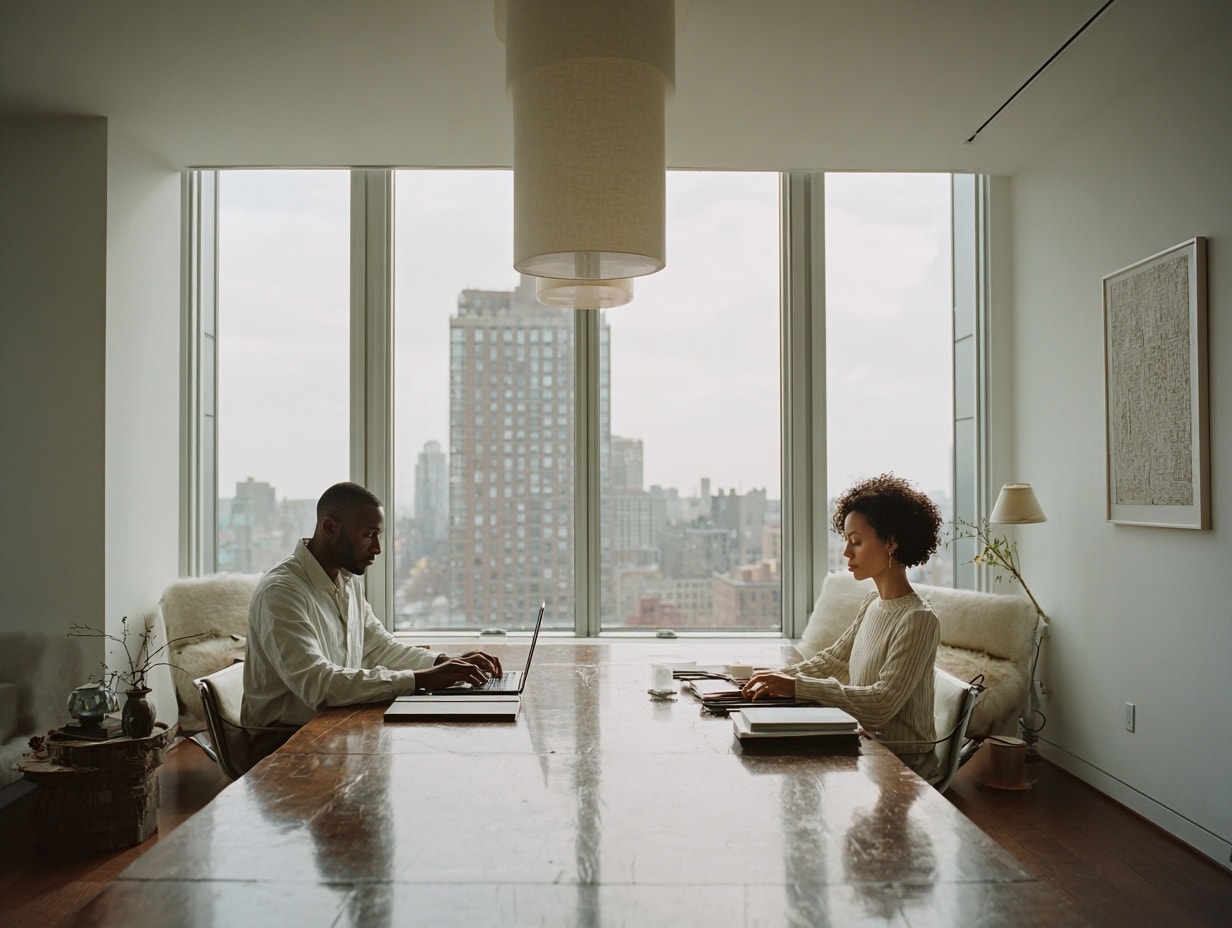 Professional couple sitting at opposite ends of a dining table with laptops and papers between them, focused on work and not speaking.