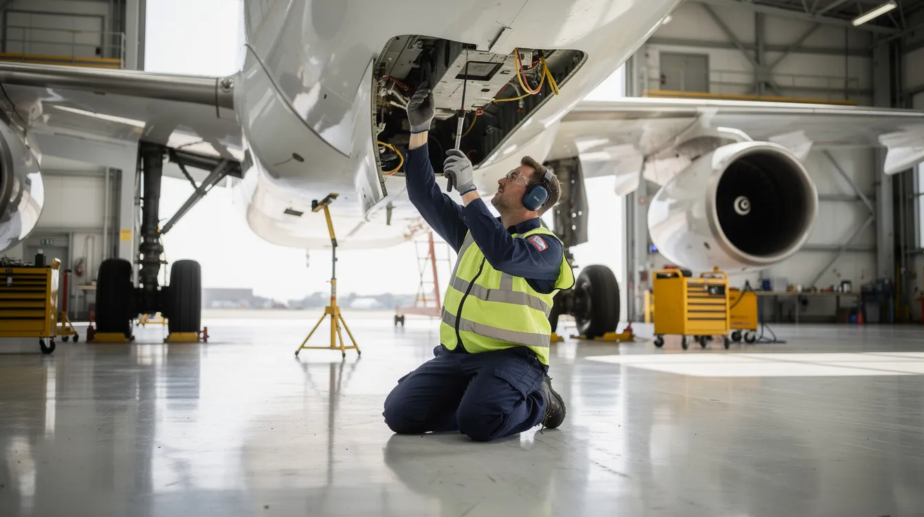 An aviation maintenance technician is working under a jet aircraft in a bright hangar, utilizing various tools to conduct essential repairs and inspections. This scene highlights the hands-on training and technical skills required in the field of aircraft maintenance.