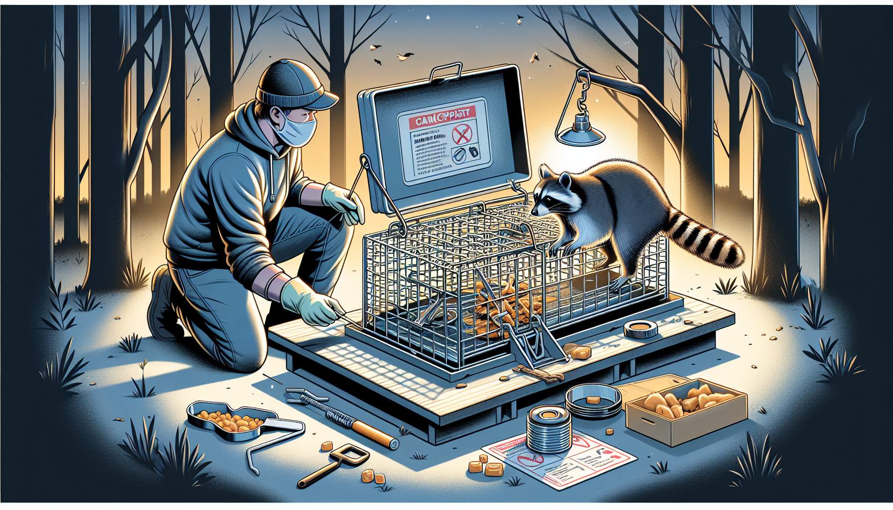 Illustration of setting up a live trap for raccoons