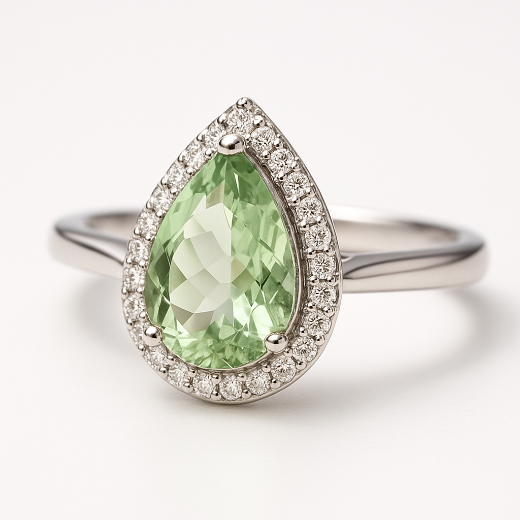 Sužadėtuvių žiedas halo dizaino su lašo formos prazolitu (žaliuoju ametistu) centre ir smulkiais deimantais aplinkui.