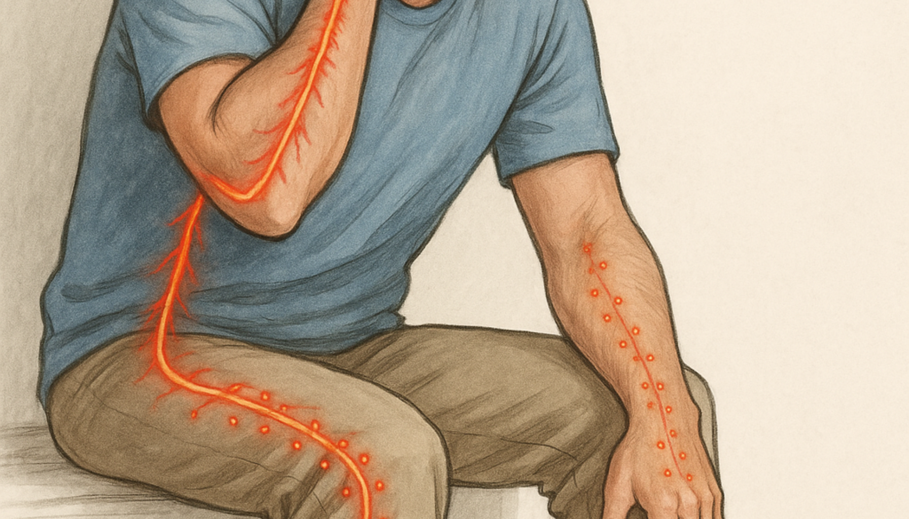 Mann med strålende smerte og nummenhet i arm og ansikt.