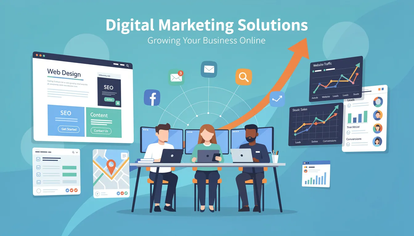 The image illustrates a digital marketing agency team collaborating on strategies to enhance online visibility for small businesses. They focus on various digital marketing services, including SEO, web design, and social media strategies, to drive sales and achieve business growth.