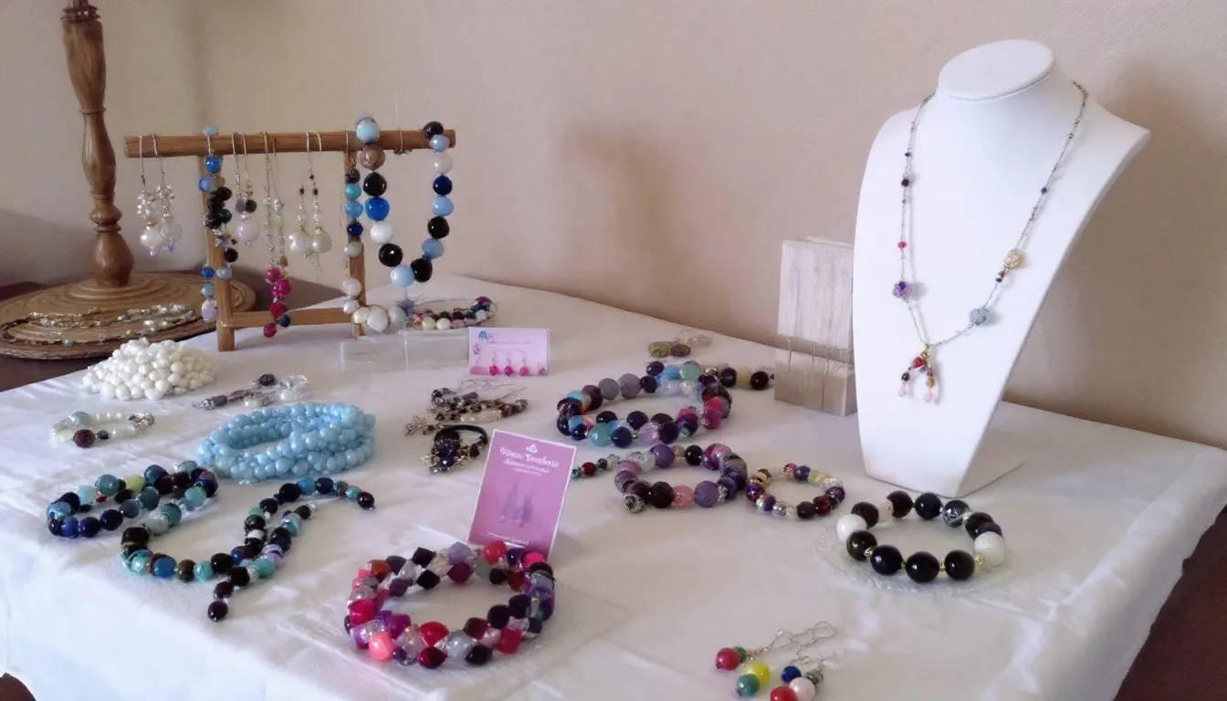 A collection of beautifully designed handmade beaded jewellery, featuring vibrant colours like turquoise and pink, including beaded necklaces, earrings, and bracelets, perfect for customers seeking unique gifts or stylish accessories. Each piece is crafted with care, showcasing the artistry and creativity involved in creating these stunning items.