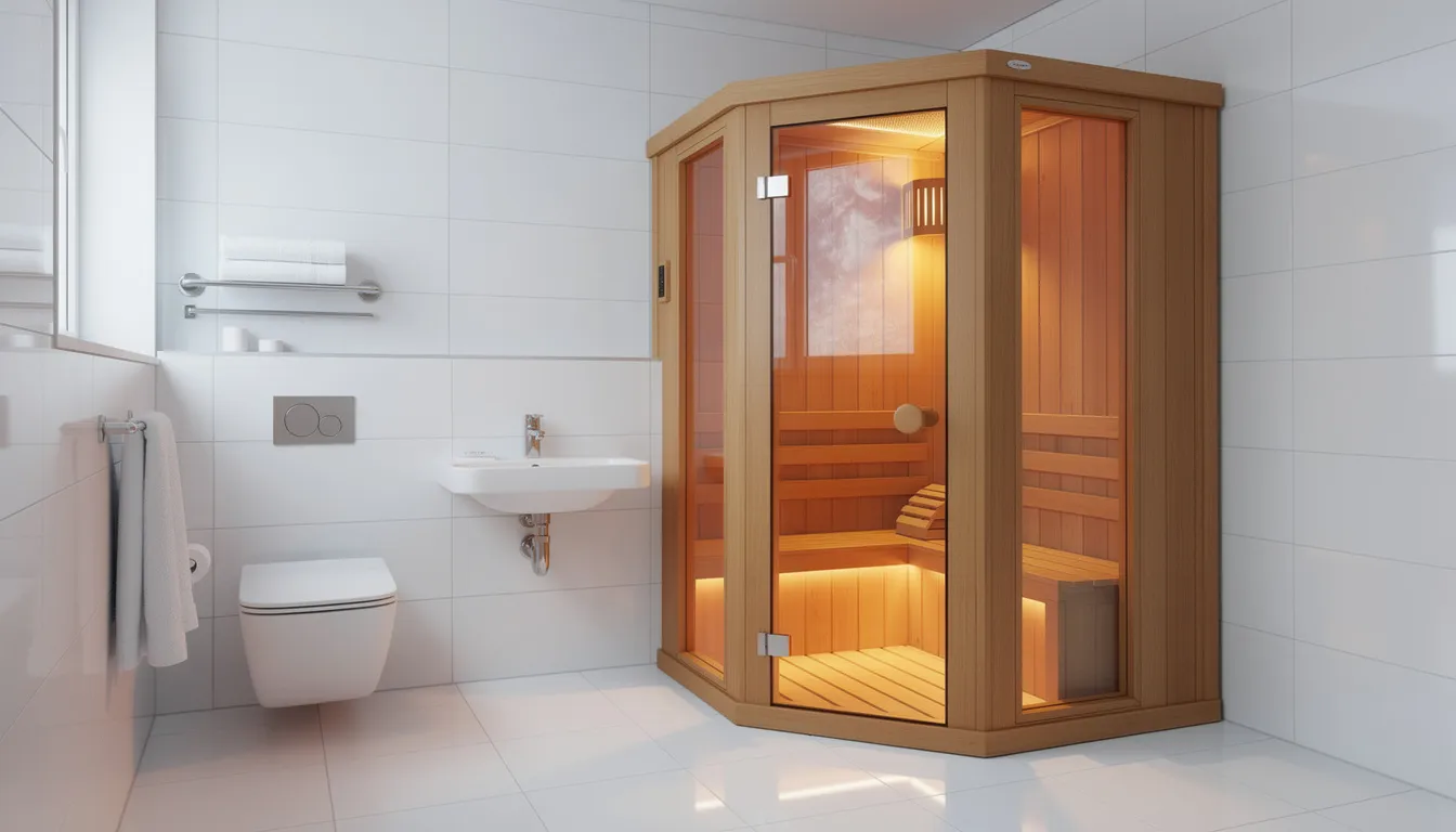 The image features a compact wooden sauna cabin nestled in the corner of a modern small bathroom, showcasing sleek design elements and white tile flooring. This indoor sauna, made from high-quality wood, offers a perfect space for relaxation and health benefits, enhancing the overall bathroom experience.