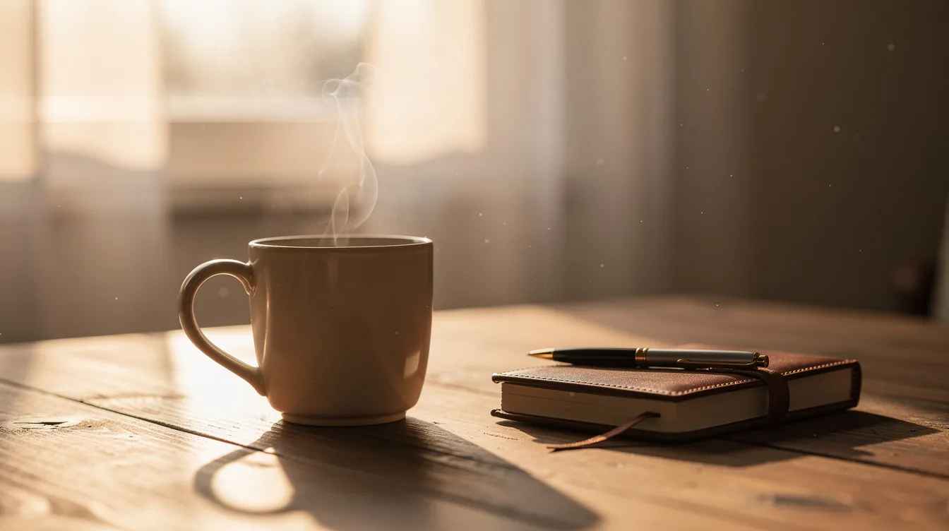 A cozy morning scene features a steaming mug of tea resting on a table, illuminated by soft sunlight, alongside a small journal, perfect for jotting down thoughts or self-care ideas. This tranquil setup embodies relaxation and is an ideal choice for thoughtful self-care gifts for mom.