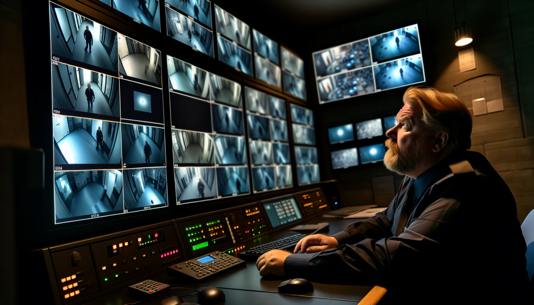 Security operator monitoring multiple screens in a control room