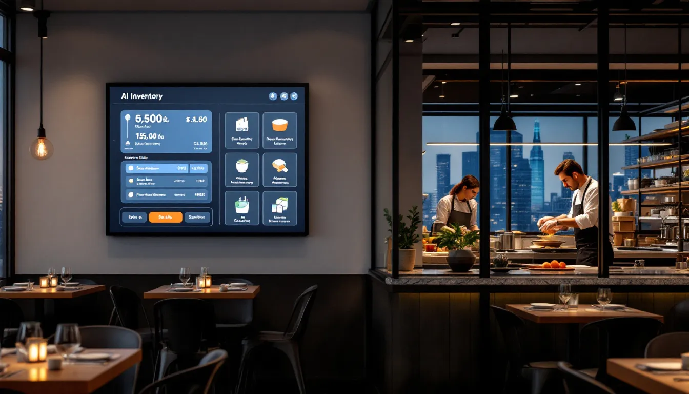 The image depicts a modern restaurant interior featuring an AI inventory system, where restaurant managers are using real-time data to track inventory levels and optimize food costs. This efficient inventory management approach helps minimize food waste and enhances customer satisfaction by accurately predicting demand for menu items.