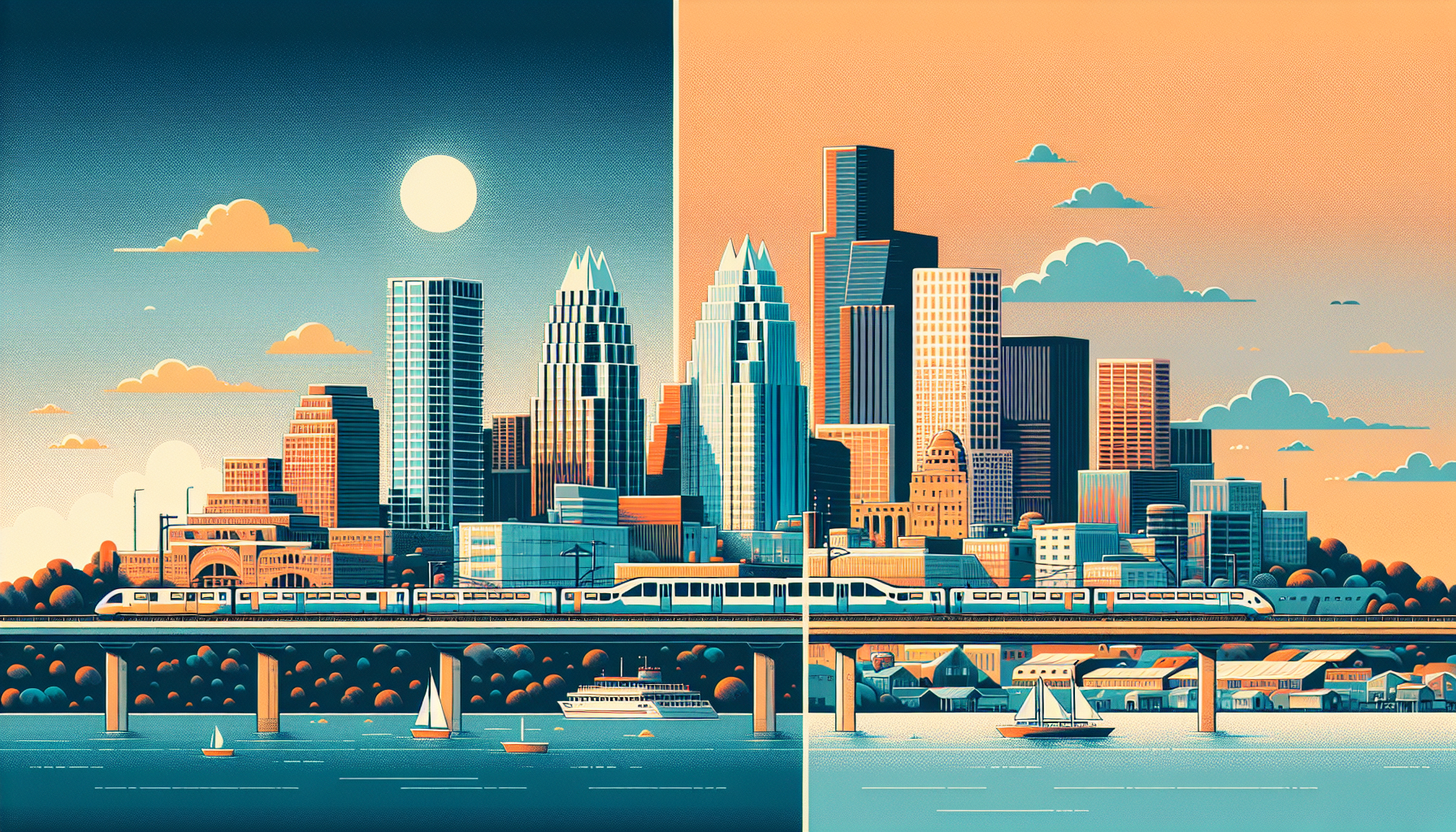 Comparing transportation in Austin and Seattle, showcasing the cityscapes and commuting experiences