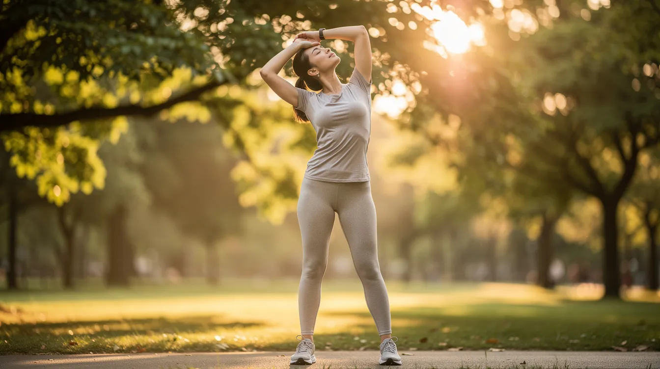 A person is outdoors, wearing comfortable workout clothing, and performing a gentle neck stretch to alleviate tension and promote relaxation in the neck and shoulders. This activity may help reduce neck pain and muscle tension, particularly in the trapezius muscles, which are often affected by chronic pain and stiffness.
