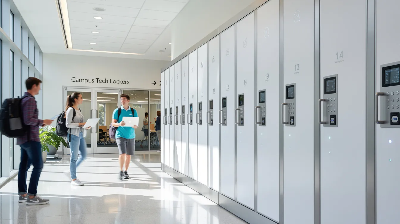 The image depicts a row of secure laptop charging lockers in a modern university hallway, with students walking past. Each locker is equipped with multiple USB C ports and AC outlets, providing convenient options for fast charging laptops and other devices, ensuring safety and efficiency for users on campus.