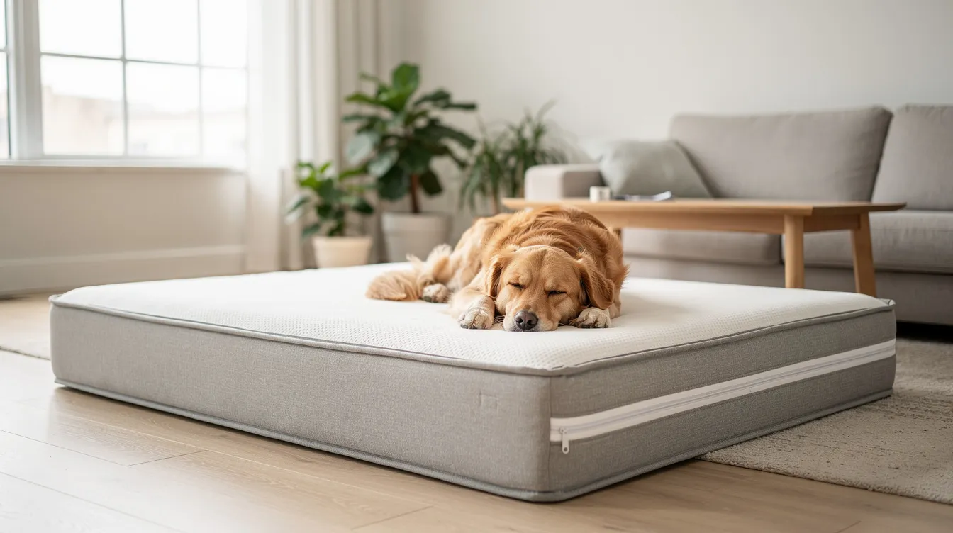 A relaxed dog is comfortably resting on a clean dog bed with a removable cover in a bright living room, enjoying the warmth of the sun. The mattress is designed for durability and ease of cleaning, making it perfect for any canine companion.