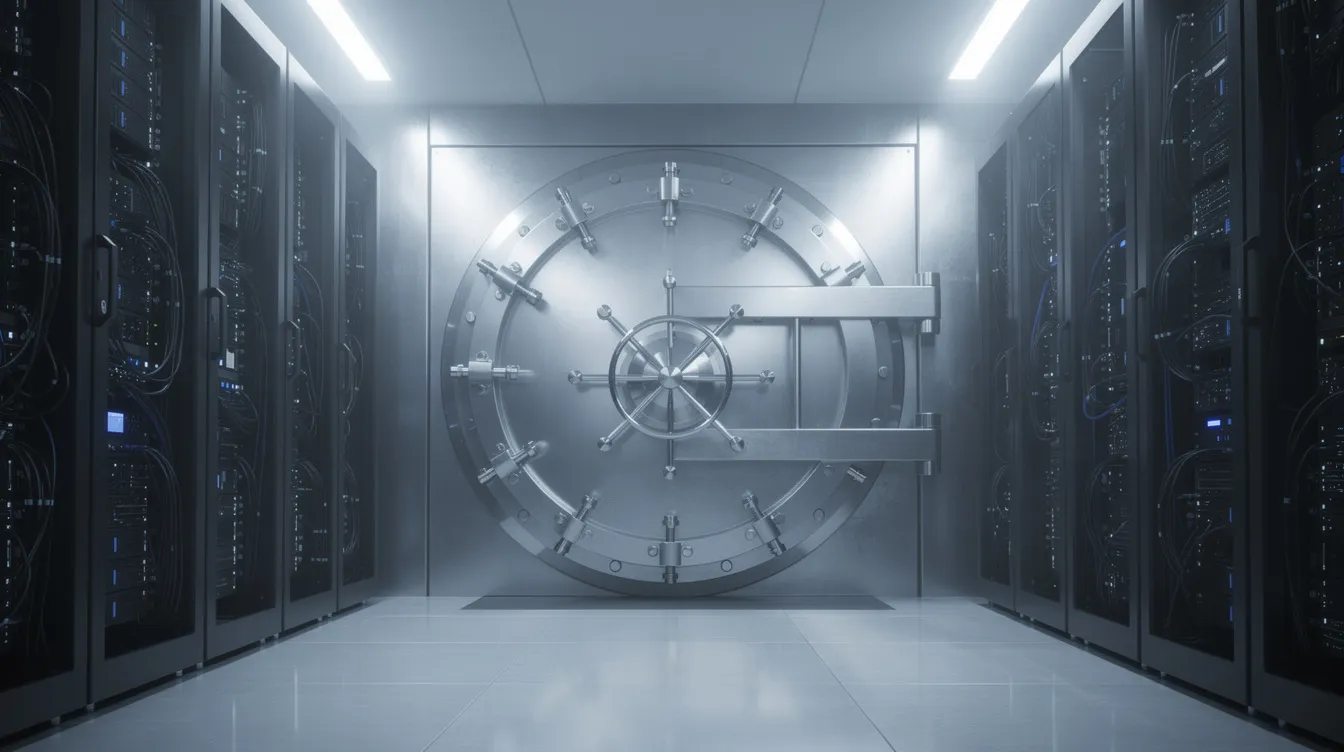The image depicts a secure vault door inside a modern data center, highlighting the importance of security measures in managing digital assets for a cryptocurrency exchange. This environment emphasizes advanced technology and compliance tools essential for a reliable trading platform.
