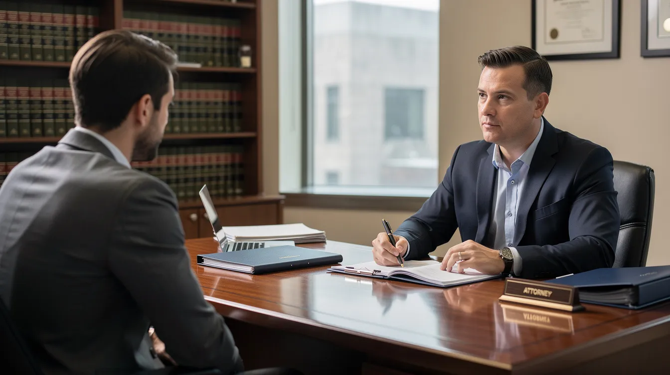 The image shows an attorney sitting across a desk from a client in a professional office setting, discussing details related to a car accident claim. The atmosphere conveys a sense of trust and professionalism, highlighting the attorney's role in guiding clients through the legal process of pursuing compensation for injuries sustained in a motor vehicle accident.