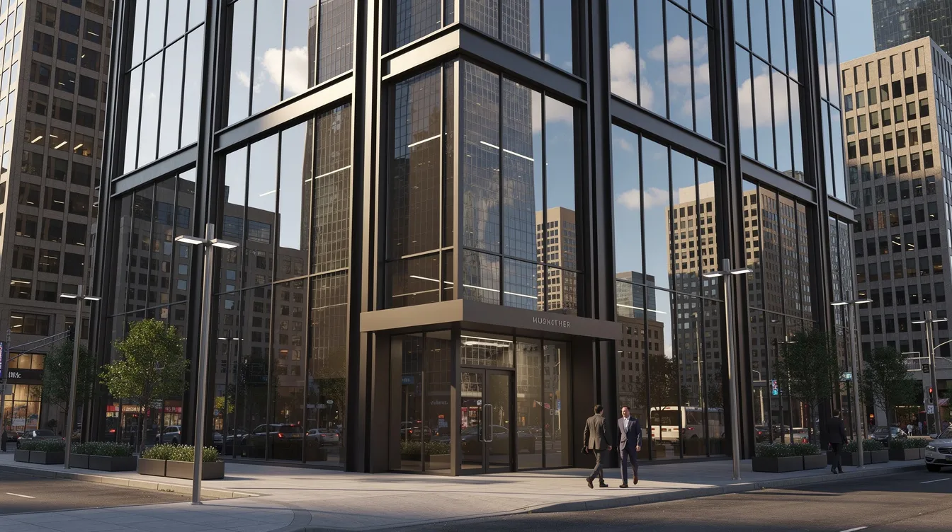 Modern commercial building featuring sleek, reflective windows in an urban environment.