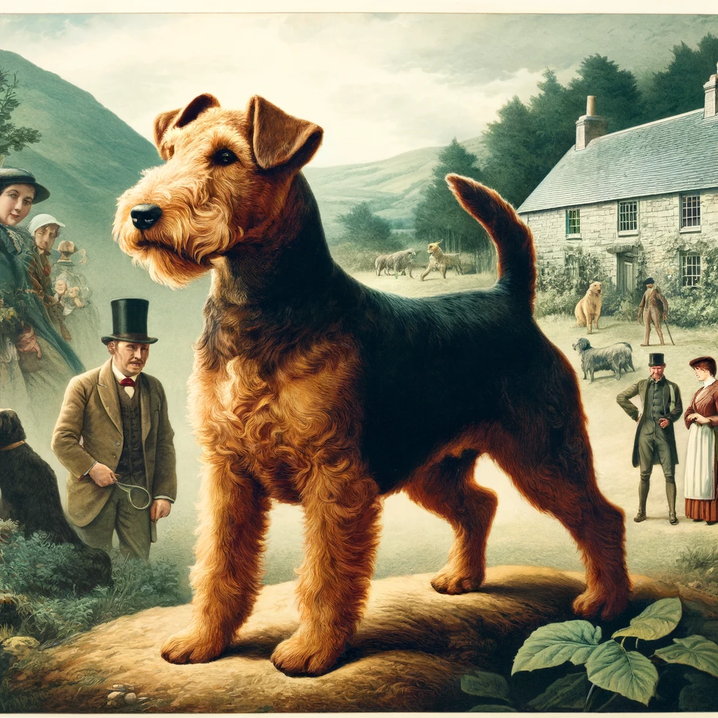 Here is the historical depiction of the Welsh Terrier showcasing its role in the 18th century Welsh countryside as well as its presence in 19th-century dog shows.