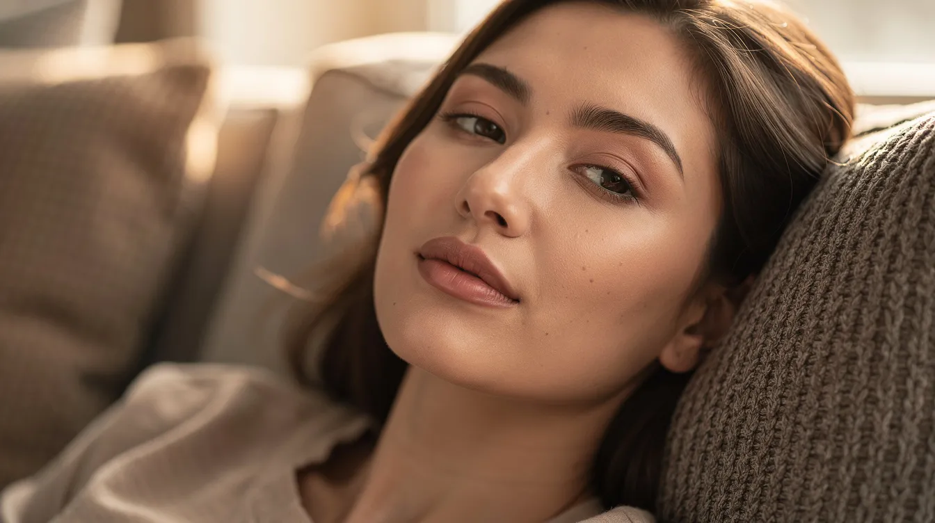 The image shows a woman with soft, natural-looking lips resting comfortably on a couch, reflecting the results of her recent lip filler treatment. She appears relaxed, possibly following proper lip filler aftercare instructions to minimize swelling and ensure a smooth recovery.