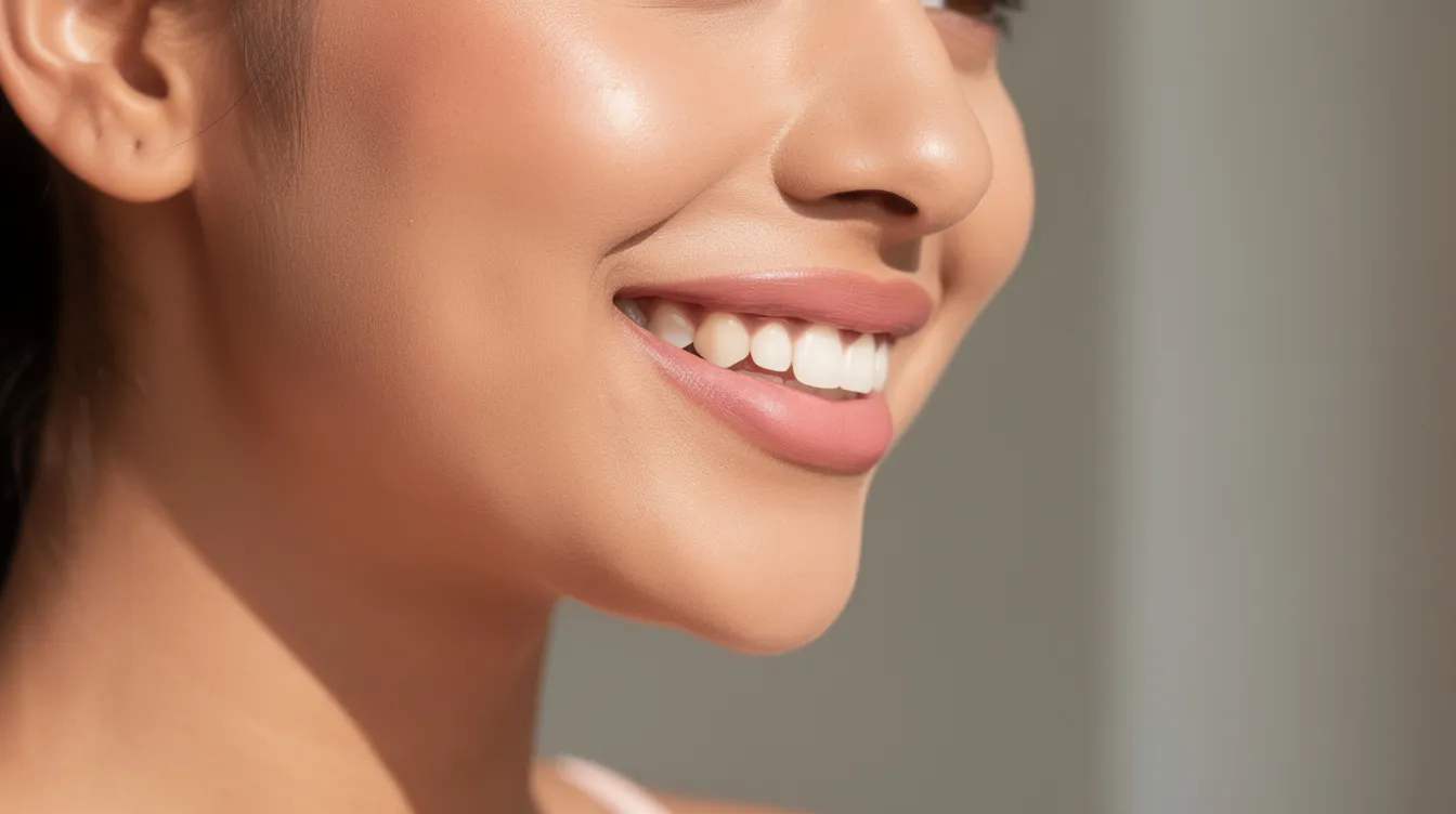 Mujer sonriendo de perfil, mostrando labios con un aspecto natural e hidratado, resultado de un tratamiento de relleno de labios con ácido hialurónico. Su expresión refleja satisfacción y armonía en las proporciones de su rostro.