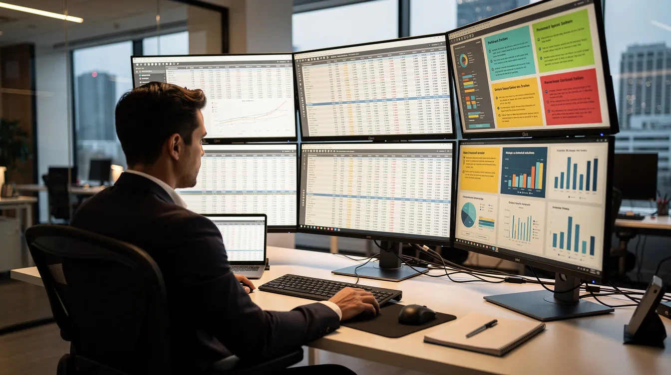 The image shows a person sitting at a desk surrounded by multiple computer screens displaying spreadsheets and presentation slides, indicating a focus on proposal creation and project management. This setup highlights the use of proposal automation tools that streamline the entire proposal process, allowing for better proposals and more efficient collaboration among team members.