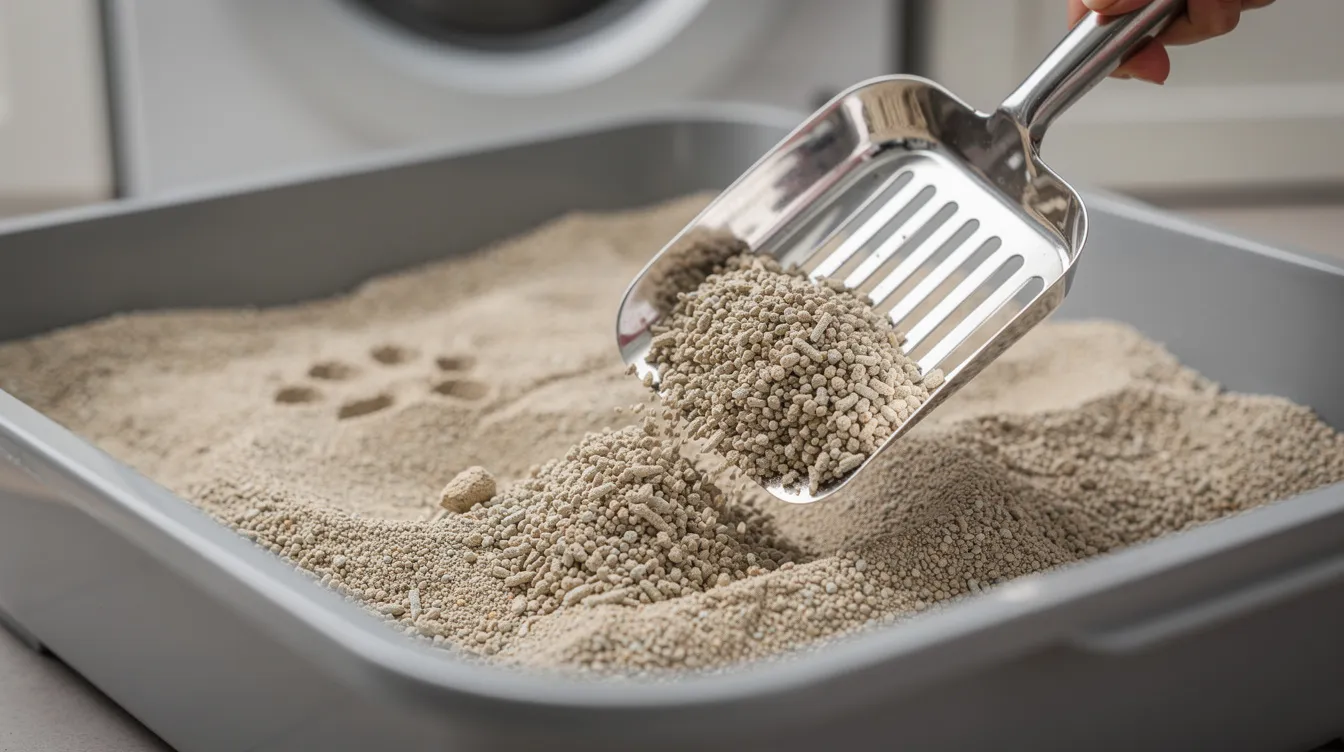 A person is using a metal scoop to remove clumping cat litter from a gray litter box, ensuring it is clean and odor-free for their cat. This action demonstrates the importance of maintaining the right amount of litter and keeping the litter box fresh for optimal cat care.
