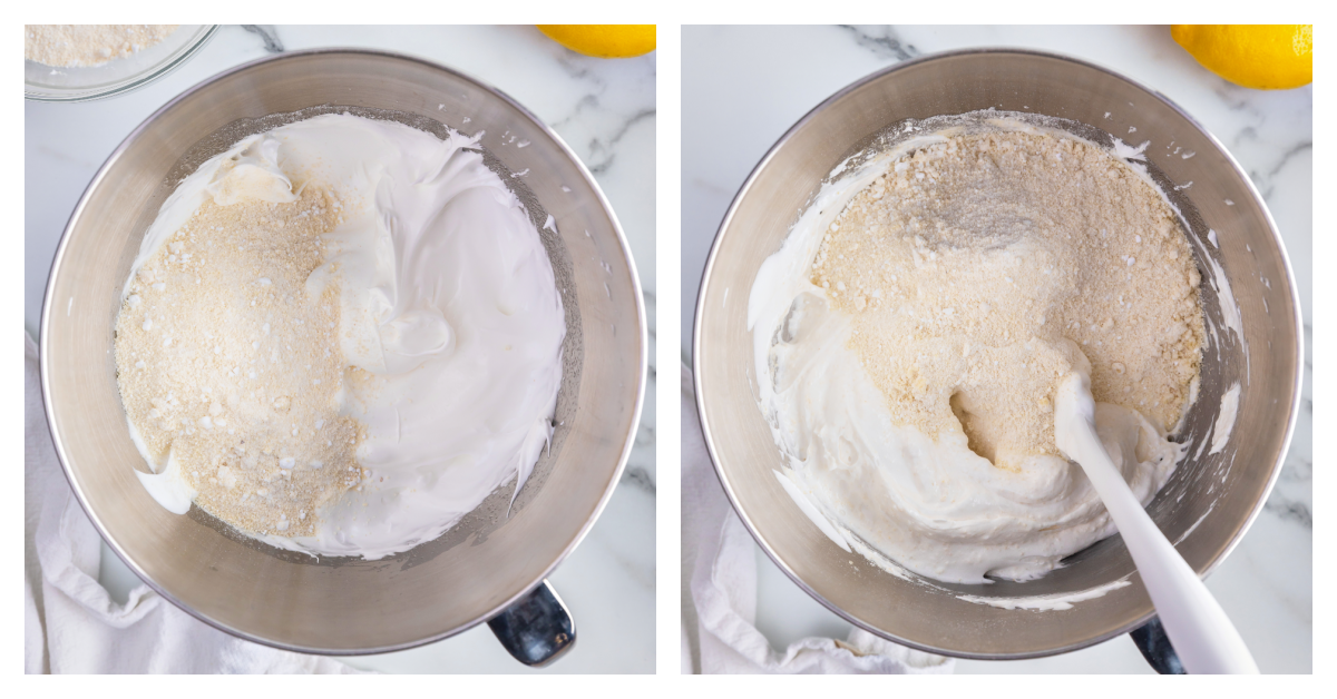 almond flour folded into whipped egg white meringue mixture