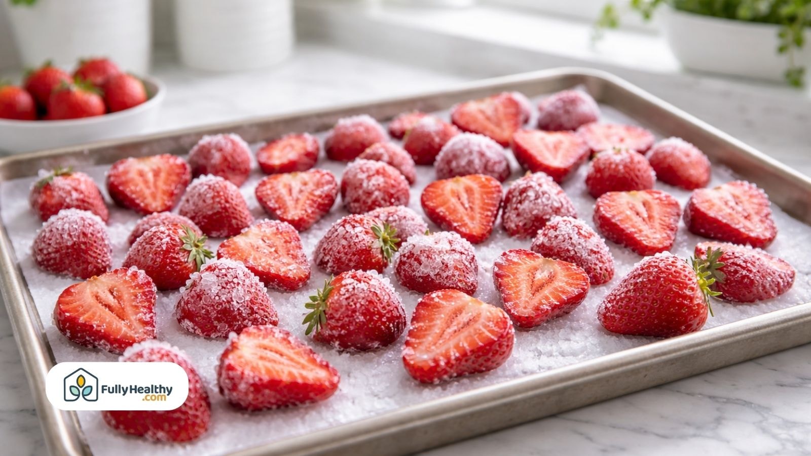 Frozen strawberry halves covered in ice crystals on metal tray
