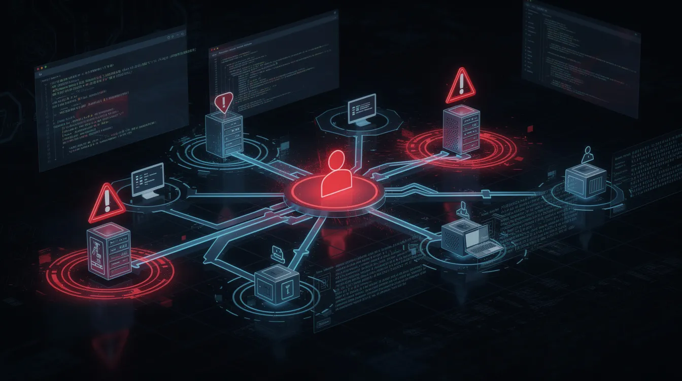 The illustration depicts a dark digital environment where a compromised admin account is executing commands across multiple systems, indicated by warning icons. The scene highlights the concept of horizontal privilege escalation, showcasing the attacker gaining unauthorized access to sensitive data and controlling various privileged accounts within the network, all illuminated by blue and red neon lighting.