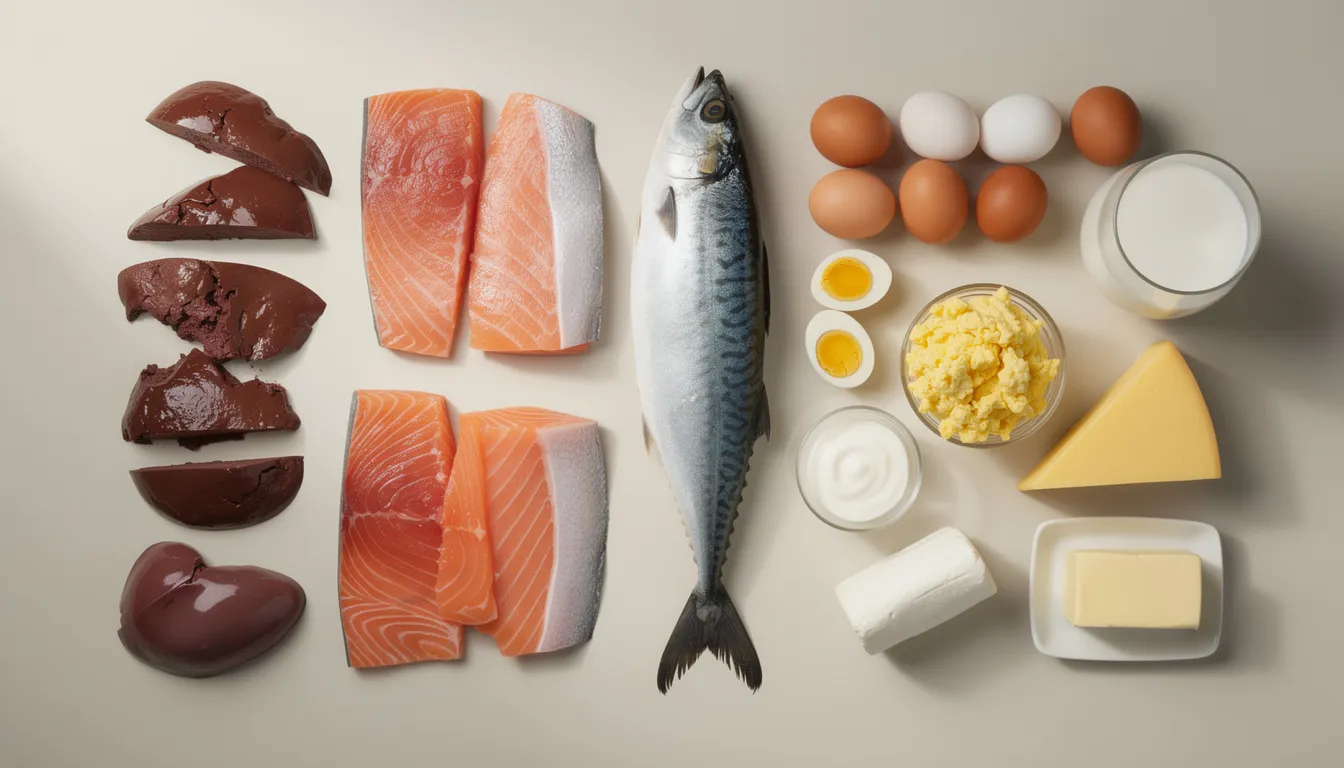The image displays an array of vitamin B12-rich foods, including liver, fish, eggs, and various dairy product, which are essential for maintaining healthy red blood cells and nerve cells. These animal-based foods are crucial for a balanced diet, especially for those at risk of vitamin B12 deficiency.