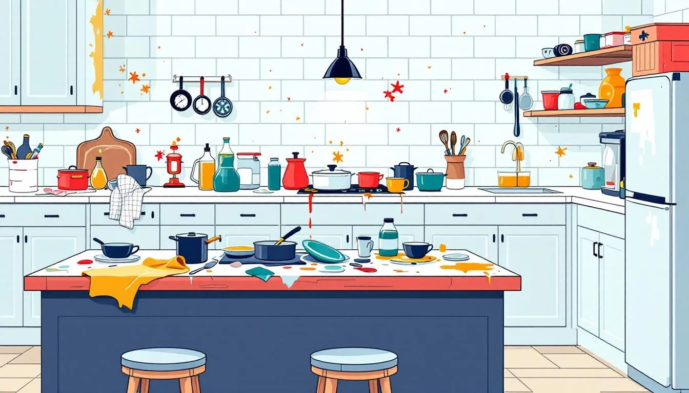 A kitchen featuring tiled countertops and a kitchen island, highlighting the drawbacks of tiled surfaces.