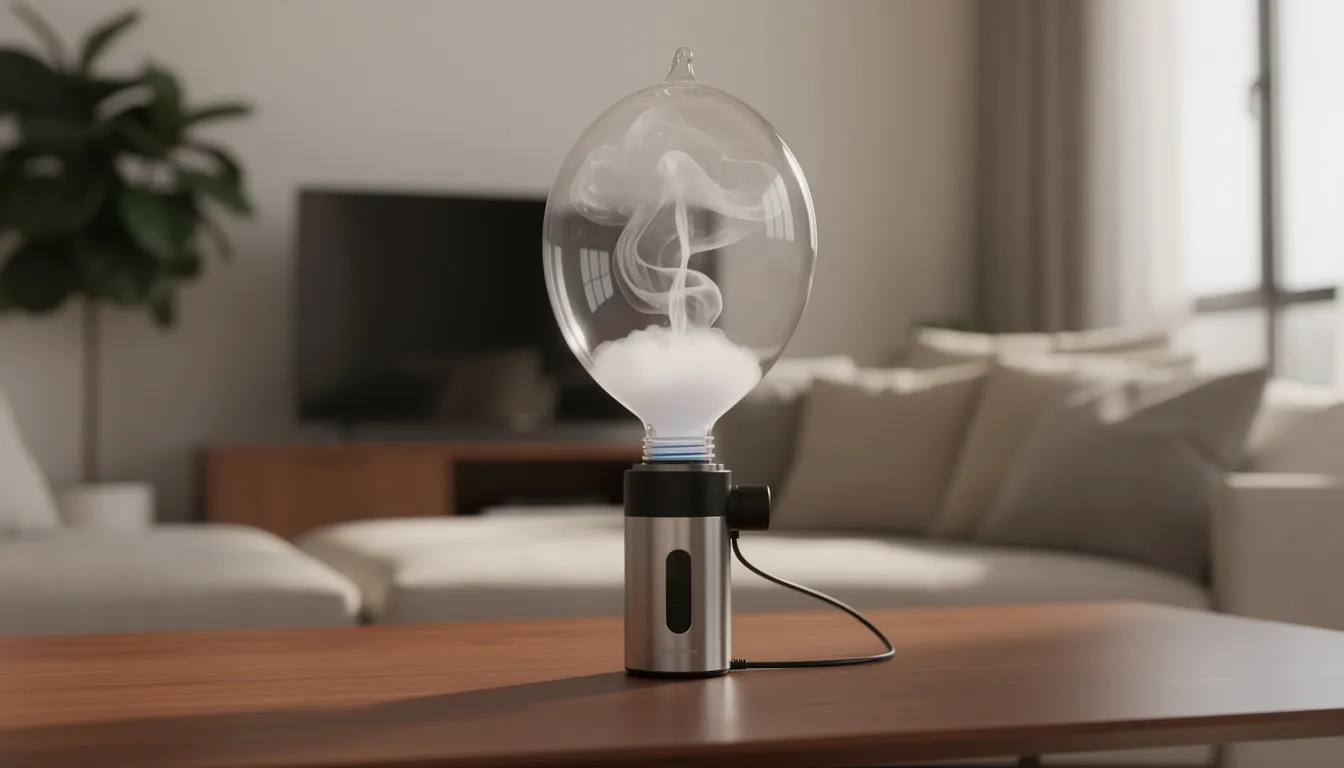 Das Bild zeigt einen modernen Wohnraum, in dem ein Tisch-Vaporizer im Prozess des Ballonfüllens verwendet wird. Der Vulkan-Dampfgerät von Storz & Bickel wird dabei genutzt, um hochwertigen Dampf aus gemahlenen Kräutern zu produzieren.