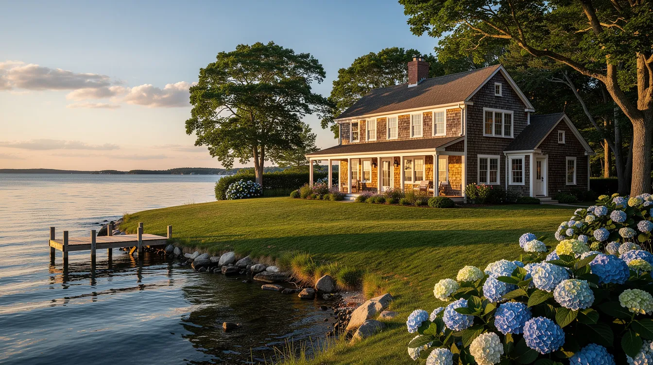 The image depicts a stunning waterfront home with cedar shingle siding located on the Connecticut shoreline, surrounded by a lush green lawn that leads to a small private dock. Bathed in the warm golden light of late afternoon, the scene features calm blue waters and vibrant hydrangea bushes, creating an inviting atmosphere for potential buyers looking for a perfect property in the community.