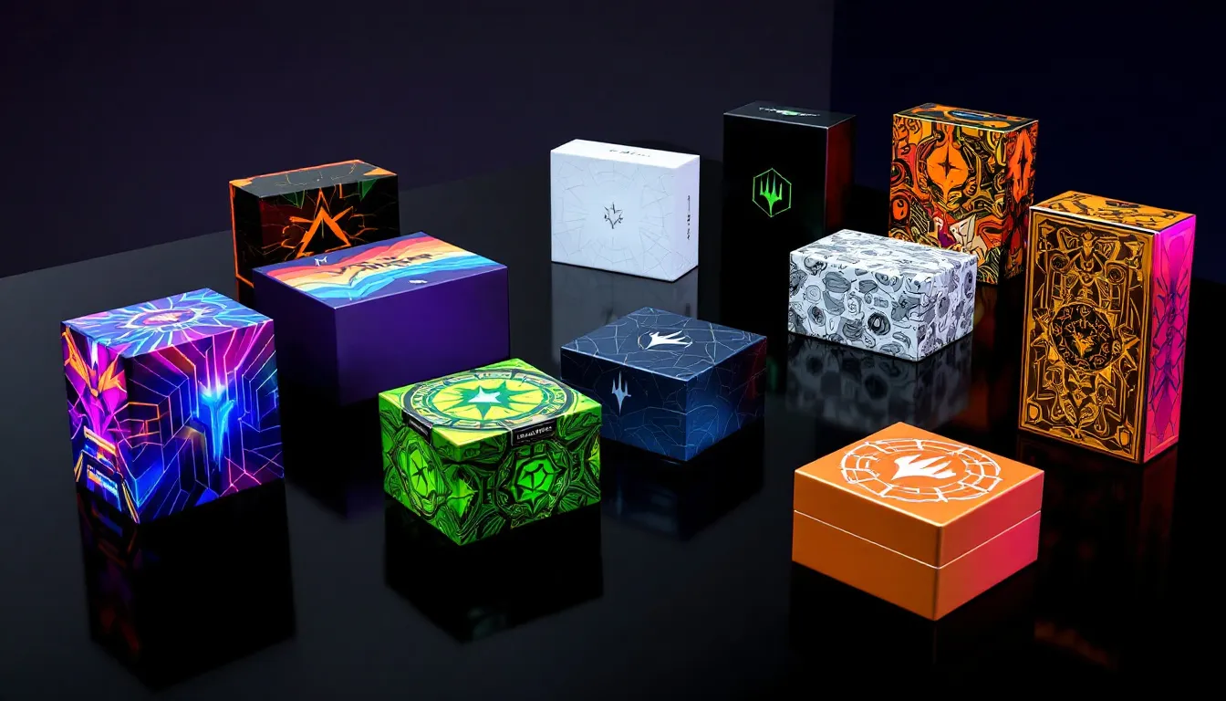A variety of commander deck boxes displayed together, showcasing different designs and styles.