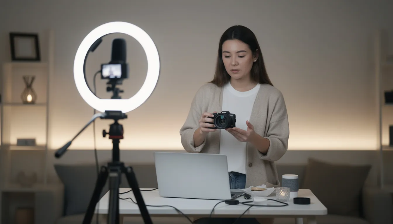A person is filming a product demonstration using a camera setup with a ring light, highlighting the importance of engaging content for successful ecommerce app development. This scene emphasizes the role of high-quality visuals in boosting online sales and enhancing customer satisfaction on ecommerce platforms.