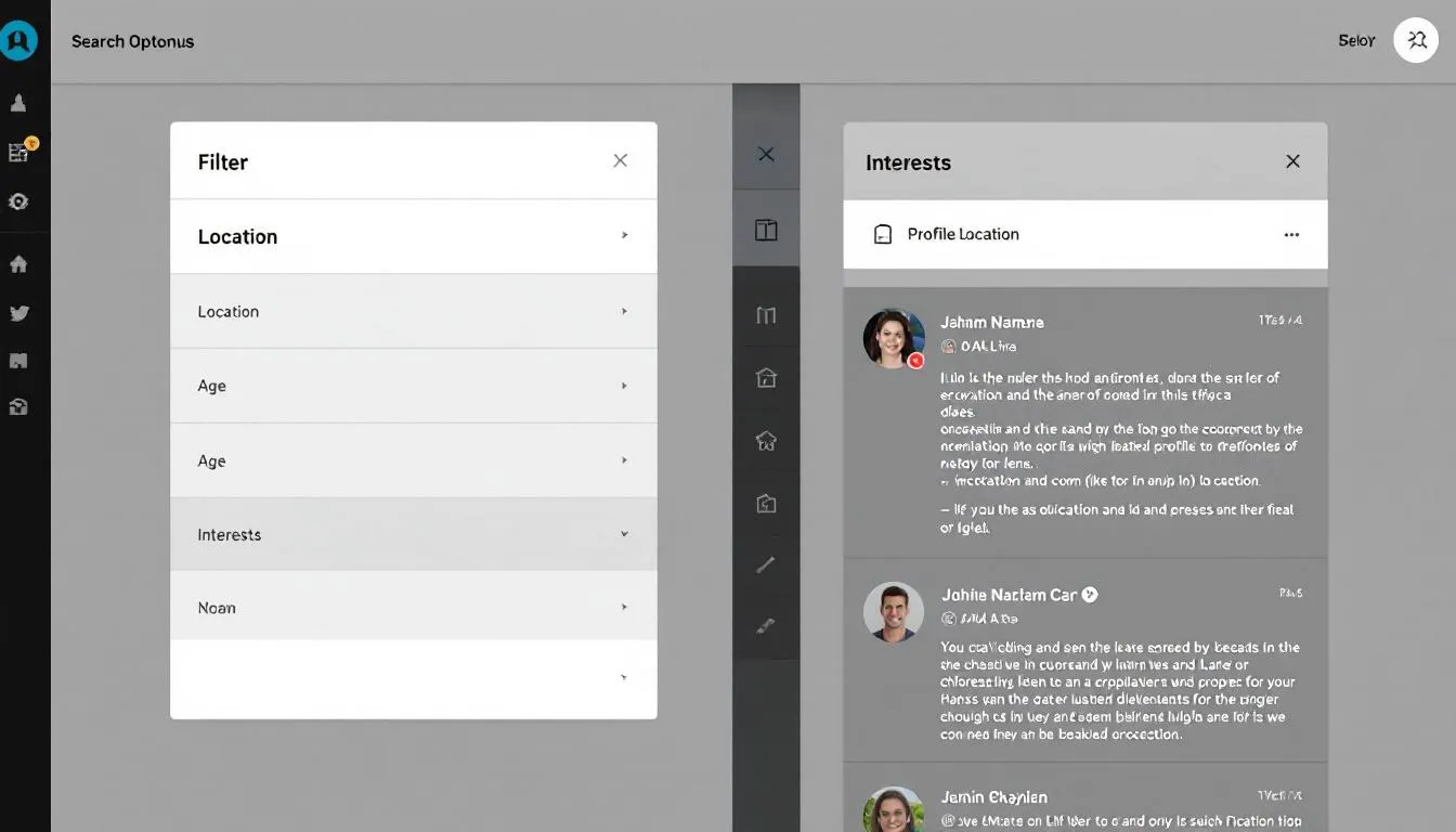 The image displays a clean search interface featuring a search bar and various filter options, showcasing detailed profile results from multiple social media platforms. This user-friendly layout highlights the effectiveness of social media search engines in connecting users with relevant social accounts and content.